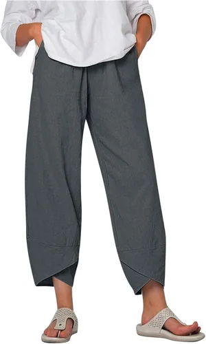 Miniatura 19 de Pantalones Capri de Lino de Algodón para Mujer 2025, Pantalones Palazzo Recortados Casuales con Estampado, Cintura Elástica, Pantalones Holgados