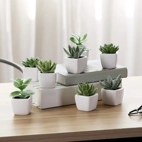 Miniatura 5 de MyGift Juego de 4 mini plantas suculentas artificiales decorativas verdes surtidas en macetas plantadoras cuadradas de cerámica esmaltada blanca
