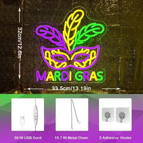 Miniatura 6 de Letrero de neón de Mardi Gras, decoración de luz de neón Mardi Gras, auténtico, morado, verde, dorado, carnaval, luces LED, decoración de pared