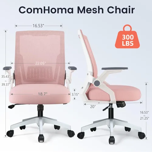 Miniatura 2 de COMHOMA Silla de oficina con reposabrazos abatibles, silla de escritorio ergonómica para computadora con soporte lumbar adaptable y malla Rosa