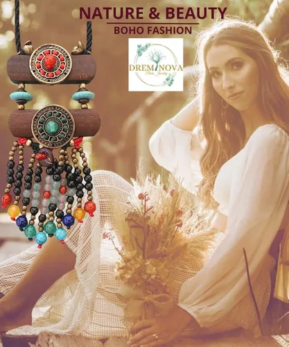 Miniatura 2 de DREMINOVA - Collares de cuentas bohemios para mujer, con colgante largo, cuentas de madera de piedra, collar de madera hecho a mano para mujer