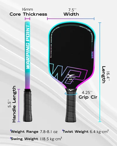 Miniatura 5 de Warping Point Pala de pickleball Neon Gen 3, aprobada por UPA-A, fibra de carbono T700 cruda de triple capa, núcleo EdgeFusion de 16 mm, marco
