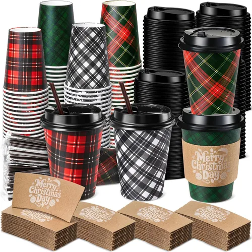 Miniatura 8 de Lallisa 100 juegos de tazas de papel desechables de café de Navidad para el invierno a granel con tapas, fundas y pajitas, tazas de café de copos