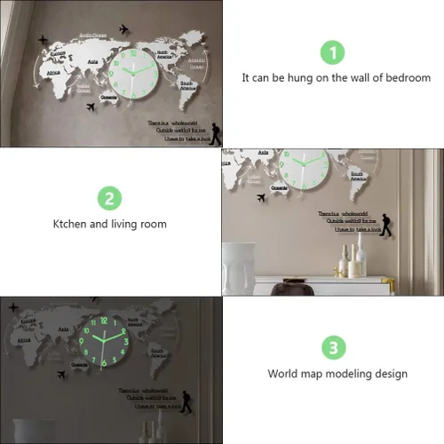 Miniatura 4 de HEALLILY Reloj de pared con mapa del mundo, mapa del mundo, reloj colgante digital que brilla en la oscuridad, suministros de pared para oficina