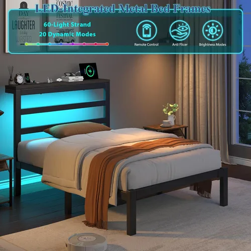 Miniatura 6 de E-Motie Marco de cama tamaño doble con cabecera de almacenamiento, plataforma industrial con estación de carga y luces LED, espacio