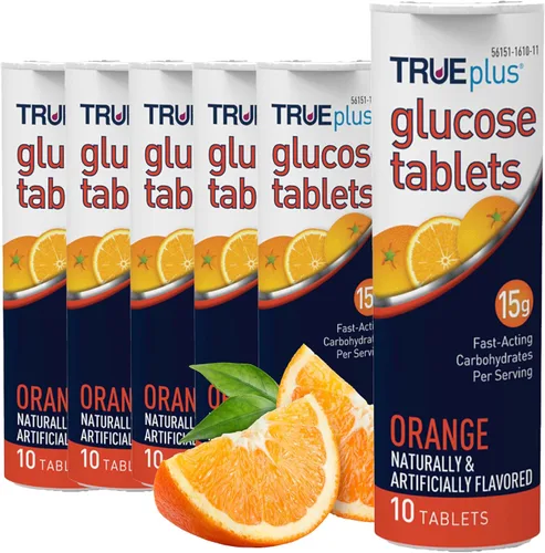 TRUEplus Tabletas de glucosa, masticables, sabor a naranja, 0.53 oz de carbohidratos de acción rápida, sin grasa, sin gluten, potencian la energía,