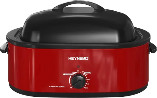 Horno eléctrico, rostizador con tapa de autohumectado, para pavo, con descongelado y mantenimiento de calor, temperatura ajustable, bandeja y Rojo