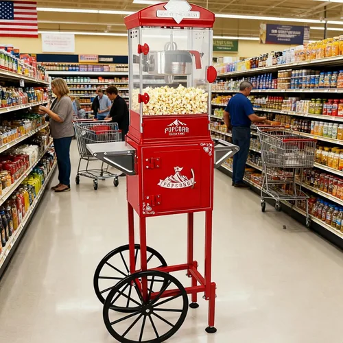Miniatura 8 de Máquina de palomitas de maíz con carro, hervidor de acero inoxidable de 10 onzas, máquina para hacer palomitas de maíz estilo cine vintage para Negro