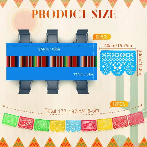 Miniatura 2 de Preboun Mantel de plástico mexicano y pancarta de papel picado mexicano, suministros de decoración de fiesta, cubierta de mesa para mesas Colorido