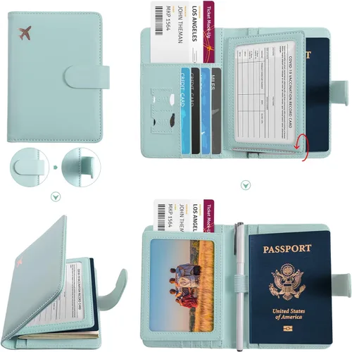 Miniatura 3 de Foreate Cartera para pasaporte con cremallera, cartera de viaje con ventana de identificación, funda de pasaporte, tarjetero con bloqueo RFID, Verde