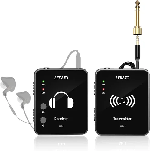 LEKATO MS-1 Sistema de monitor inalámbrico en el oído, monitoreo intrauditivo estéreo de 2.4 GHz con transmisor receptor de clip, uno a muchos,