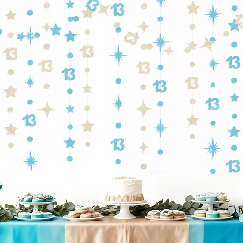 Miniatura 12 de Decoraciones Negras de Cumpleaños Número 13 Círculo Punto Estrella Centelleante Guirnalda Serpentina Colgante Metálica Banderín Banner Telón de Negro