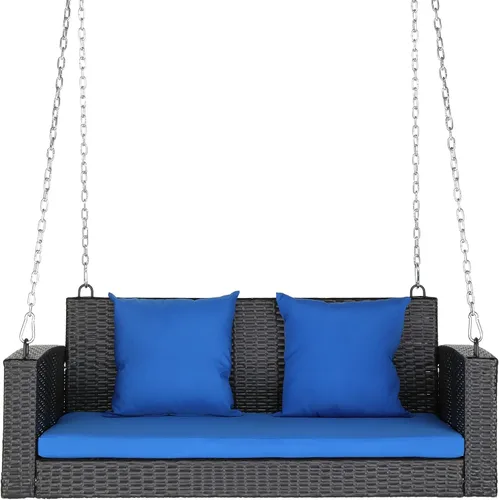 Outvita Banco colgante de porche para 2 personas, banco de mimbre para exteriores con cojín y almohada para patio, jardín, soporta hasta 800 libras