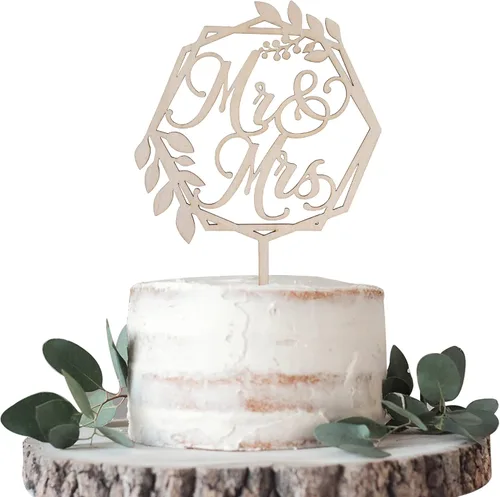ZHUOWEISM 1 pieza de decoración para tartas de Mr & Mrs con hojas de madera, corona, boda, compromiso, pasteles, despedidas de soltera, fiestas de