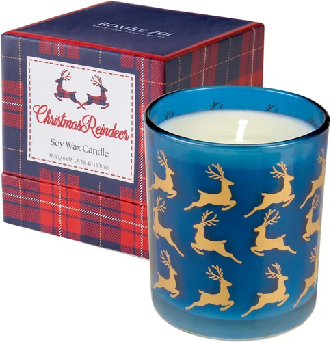ROMIIE ZOI Vela perfumada de Navidad - Vela de cera de soja de 6oz, reno navideño, infundida con aroma a menta - Caja de regalo de tartán escocés