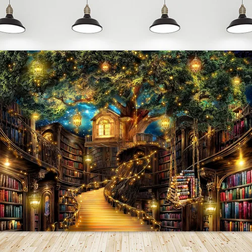 Miniatura 8 de Riyidecor Fondo de Biblioteca de Hadas Tela de Poliéster Estantería Árbol Encantado Bosque 5 Pies de Ancho x 3 de Alto Verde Jardín Libro Planta