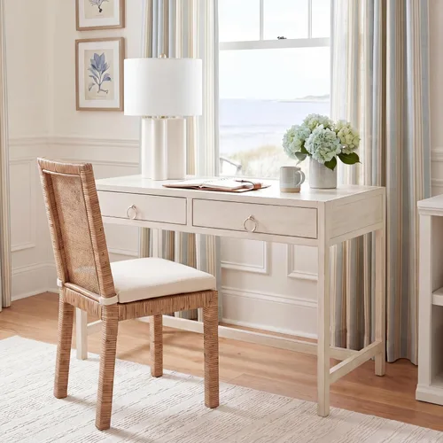 Miniatura 2 de SAFAVIEH Muebles - Escritorio Esther con 2 cajones, color blanco antiguo, madera maciza, diseño de herrajes dorados glamorosos, ideal para oficina