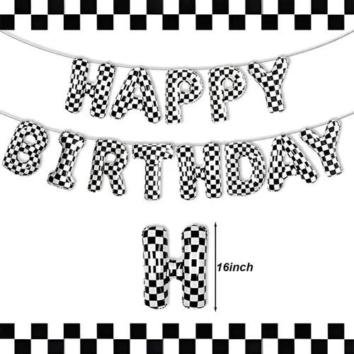 Miniatura 7 de Decoraciones de fiesta de cumpleaños de coche de carreras, pancarta de globos de feliz cumpleaños a cuadros en blanco y negro