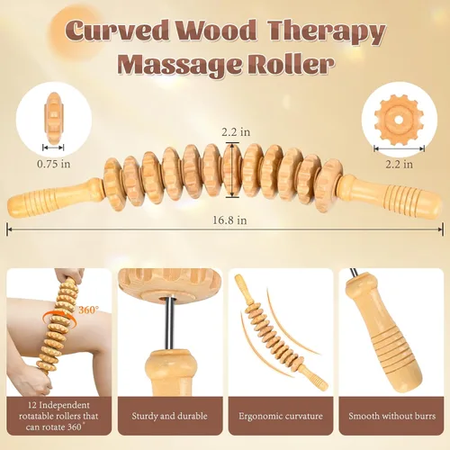 Miniatura 5 de Herramientas de rodillo de masaje de terapia de madera curvada, masajeador de drenaje linfático de madera, herramienta de masaje para celulitis