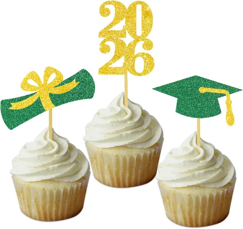 Miniatura 20 de Decoración para cupcakes de graduación, decoración de fiesta de graduación, selecciones de alimentos, felicitaciones, tapa de diploma con purpurina