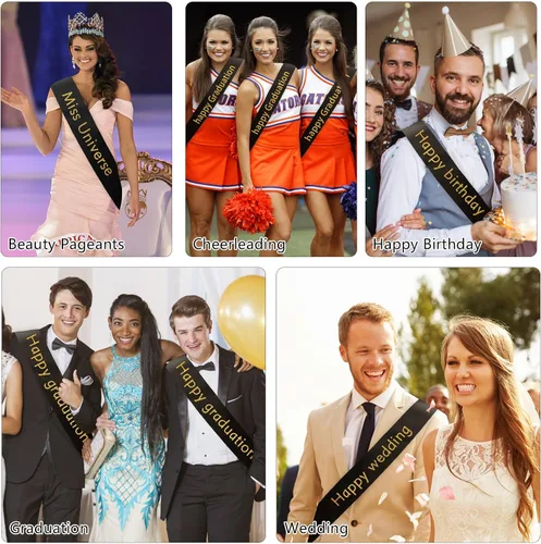 Miniatura 7 de Dreamtop 16 piezas de faja de satén en blanco negras para concursos, Señorita Mayor América 2026, faja para concurso de belleza