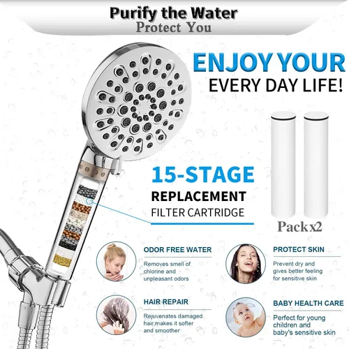 Miniatura 3 de Cabezal de ducha con 6 ajustes de mano, filtro de alta presión para agua dura, cabezal de ducha filtrado de 15 etapas con manguera para eliminar