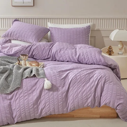 Miniatura 17 de WARMDERN - Juego de funda de edredón tamaño Queen, juego de ropa de cama de 3 piezas de microfibra lavada color beige, funda de edredón con textura