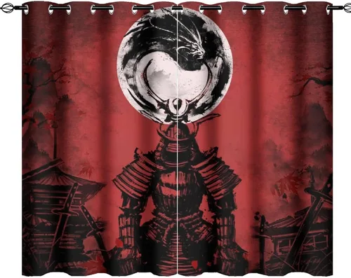 Miniatura 22 de Cortinas opacas abstractas japonesas samuráis para dormitorio, caballo samurái rústico, rojo, ojal, aislamiento térmico, cortinas de oscurecimiento