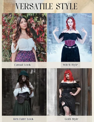 Miniatura 6 de Scarlet Darkness Camisa Renacentista para Mujer con Hombros Descubiertos y Mangas Cortas con Volantes, Blusa Campesina de Verano con Cuello Cuadrado