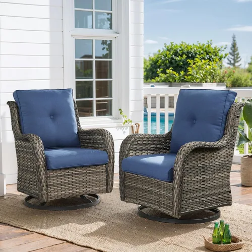 Miniatura 23 de HUMMUH Sillas Mecedoras Giratorias de Mimbre para Patio Exterior con Respaldo Alto, Sillas Deslizantes de Ratán PE, Juego de Muebles de Patio de 4