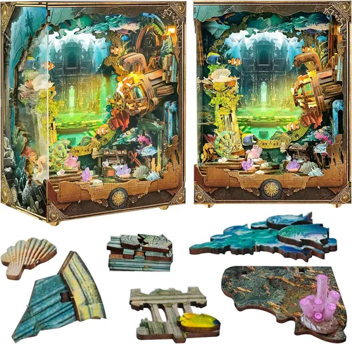 Spilay Kit de rincón de libros para adultos, kit de casa de muñecas en miniatura con cubierta antipolvo, rompecabezas de madera 3D, decoración