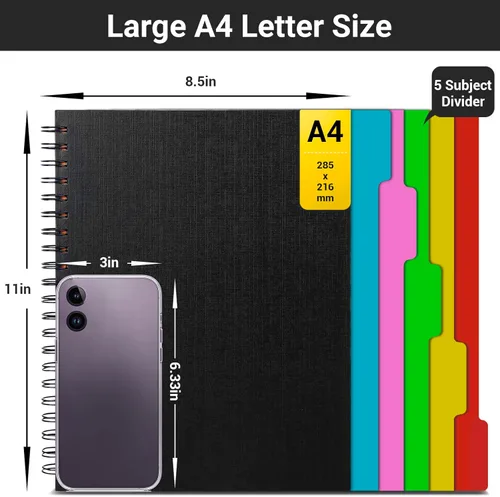 Miniatura 2 de EUSOAR - Cuaderno de 5 asignaturas con reglas universitarias, 1 paquete A4 27.9 x 21.6 cm, papel liso de 100 g/m², 120 hojas/240 páginas, cuadernos