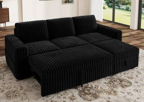 Miniatura 22 de HONBAY - Sofá seccional modular con cama desplegable, sofá en forma de L de pana con almacenamiento, sofás seccionales para sala de estar, verde