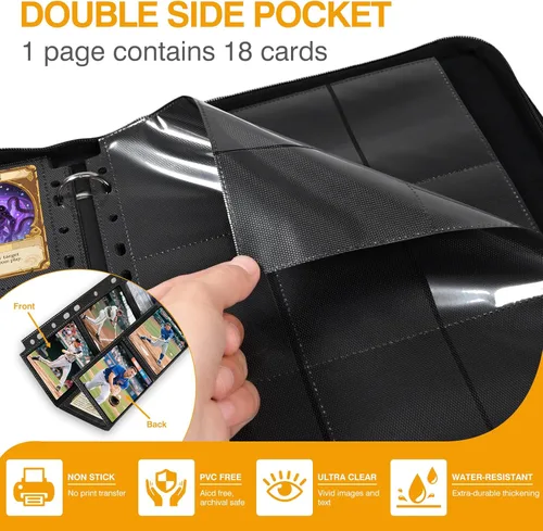 Miniatura 6 de Paquete de 20 fundas negras de 360 bolsillos para tarjetas coleccionables, fundas gruesas de doble cara para tarjetas de juego para carpeta de 3