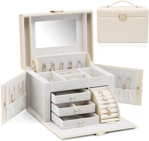 Vlando Organizador de joyero con espejo, caja de almacenamiento de joyería de cuero, collares, aretes, anillos, soportes, relojes, caja, color