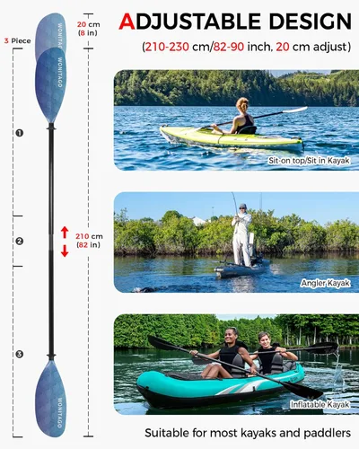 Miniatura 2 de Remo de kayak con eje de fibra de vidrio y hoja de nailon reforzado, remos de kayak ajustables, 3 piezas, 90.6-98.4 in/90-98 pulgadas, 82.7-90.6 Ola