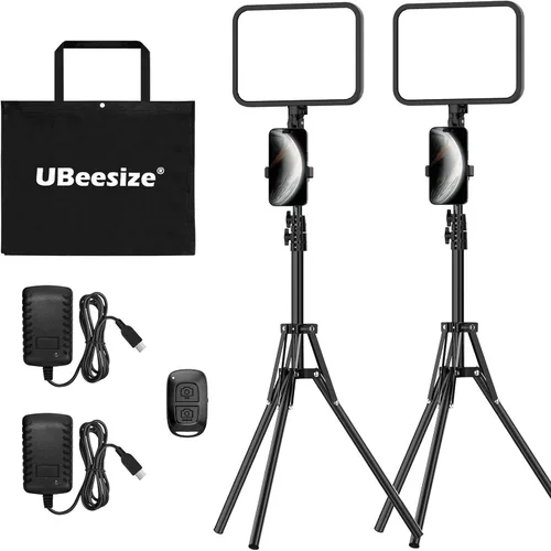 UBeesize - Pack de 2 luces de video LED, luces de estudio para fotografía regulables de 3000-6500K con soporte para trípode y soporte para teléfono,