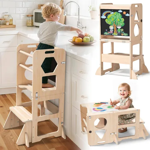 Miniatura 7 de Woodure Taburete de cocina 4 en 1 para niños, torre de pie plegable de aprendizaje con pizarra, taburete de cocina de madera para niños, regalos