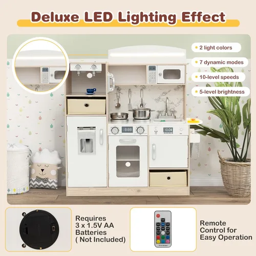 Miniatura 2 de Costzon Juego de cocina para niños, cocina de madera con luces LED de lujo, máquina de hielo, horno, lavadora, teléfono de juego, juego de juguetes
