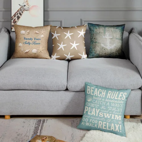 Miniatura 3 de Emvency Juego de 4 fundas de almohada de playa, estrellas de mar, palabras, reglas, vacaciones, verano, ancla náutica, color gris pardo, desgastado