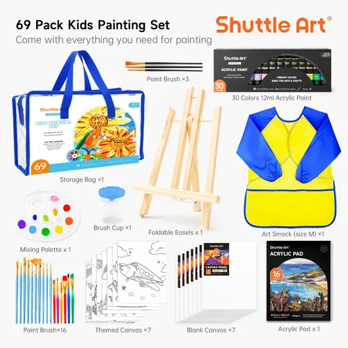Miniatura 3 de Juego de 48 pinturas acrílicas para niños, Shuttle Art 30 colores de pintura acrílica con caballete de madera, lienzo, bloc de pintura, pinceles