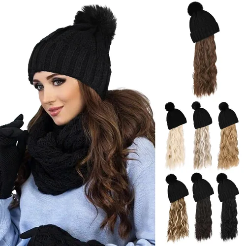 Miniatura 8 de Flufymooz Gorro con peluca, extensión de pelo con gorro de piel sintética con pompón largo ondulado rizado, peluca con gorro adjunto de 20 pulgadas