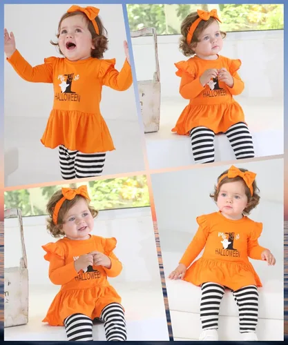 Miniatura 3 de Noubeau My 1st Halloween Baby Girl Outfits Ruffle Pumpkin Print Túnica Drees Camisa Pantalones Rayas Legging Otoño Invierno Ropa