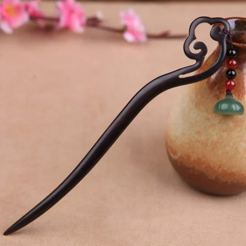 Miniatura 2 de Horquilla de madera de jade chino retro hecha a mano clásica verde loto palillos de pelo tocado borla palillos para el pelo largo fiesta diario