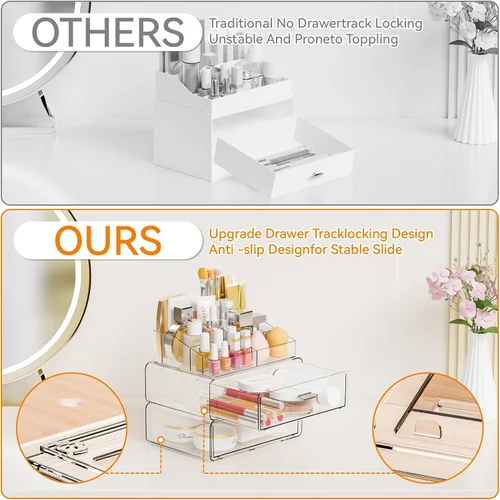 Miniatura 5 de Yieach Organizadores de maquillaje de 3 niveles en acrílico transparente con 2 cajones, soporte de maquillaje tiered de escritorio y organizadores