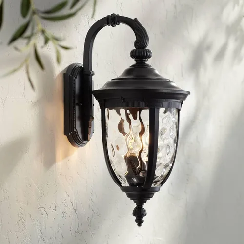 Miniatura 7 de John Timberland Bellagio - Lámpara de pared europea para exteriores, aluminio negro, 16.5 pulgadas, cristal martillado transparente, decoración
