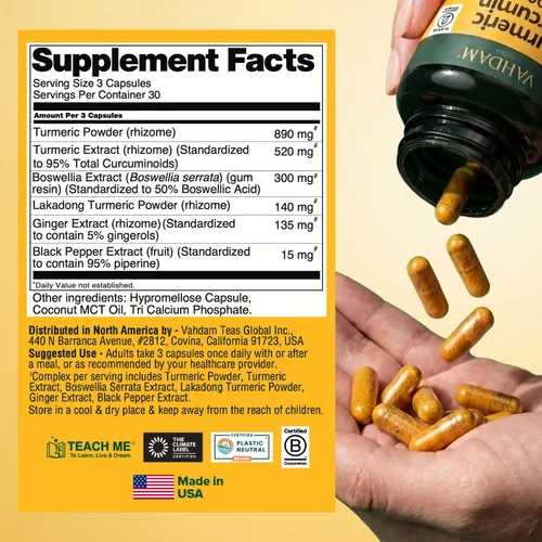 Miniatura 2 de VAHDAM, Suplemento de curcumina de cúrcuma de 2000 mg (500 mg de curcuminoides) con boswellia y piperina para una rápida absorción Apoya la salud