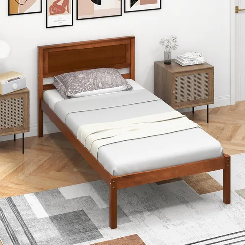 Miniatura 7 de Giantex Base de cama individual con cabecero, cama de plataforma de madera maciza con soporte de listones de madera, cama individual