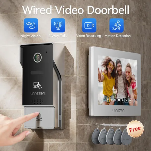 Miniatura 2 de TMEZON 4-Wire 7 pulgadas Tuya 1080P WiFi Smart Video DoorPhone sistema de intercomunicación con cable Timbre contraseña/tarjeta deslizar pantalla