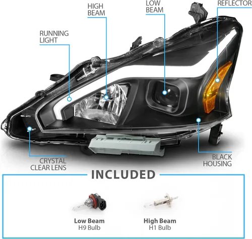 Miniatura 4 de AmeriLite Juego de faros delanteros cuadrados negros para Nissan Altima de 4 puertas sedán 2013-2015, lado del pasajero y del conductor